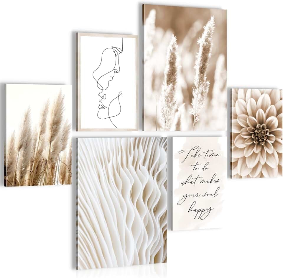 Novart Wandbilder Set Boho Pampasgras Beige - KEIN EXTRA RAHMEN BENÖTIGT - Modern Deko - Wohnzimmer Schlafzimmer N013363a