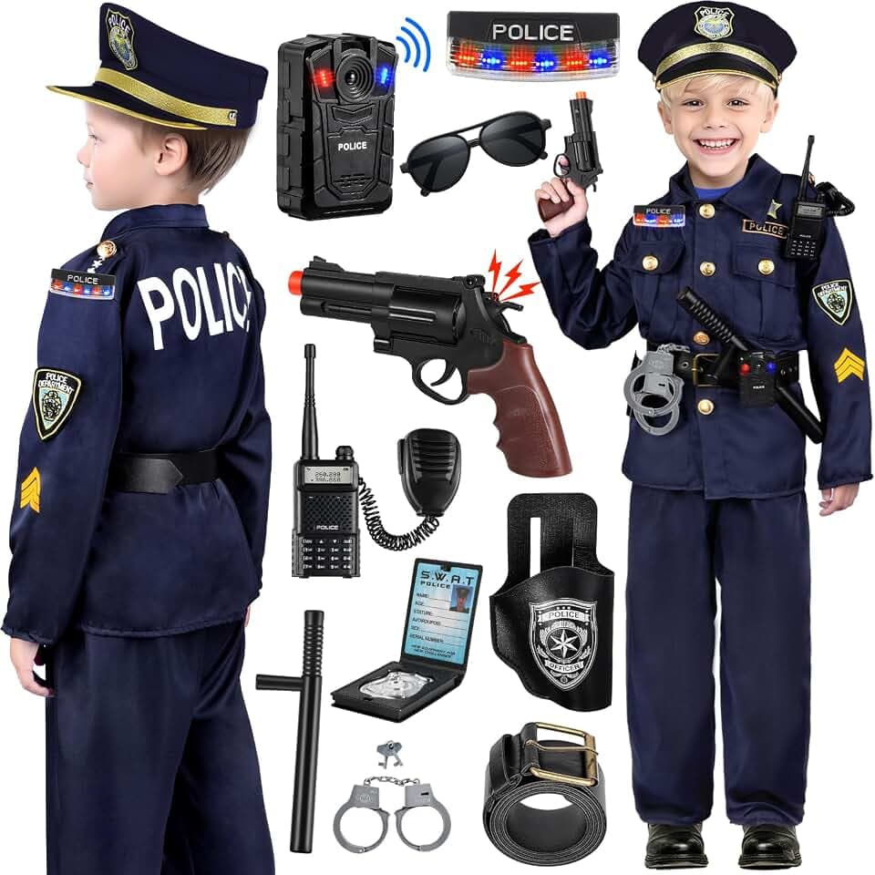INNOCHEER Polizei Kostüm Kinder, Polizei Kostüm für Kinder, Polizei Spielzeug für Kinder Jungen Halloween Karneval