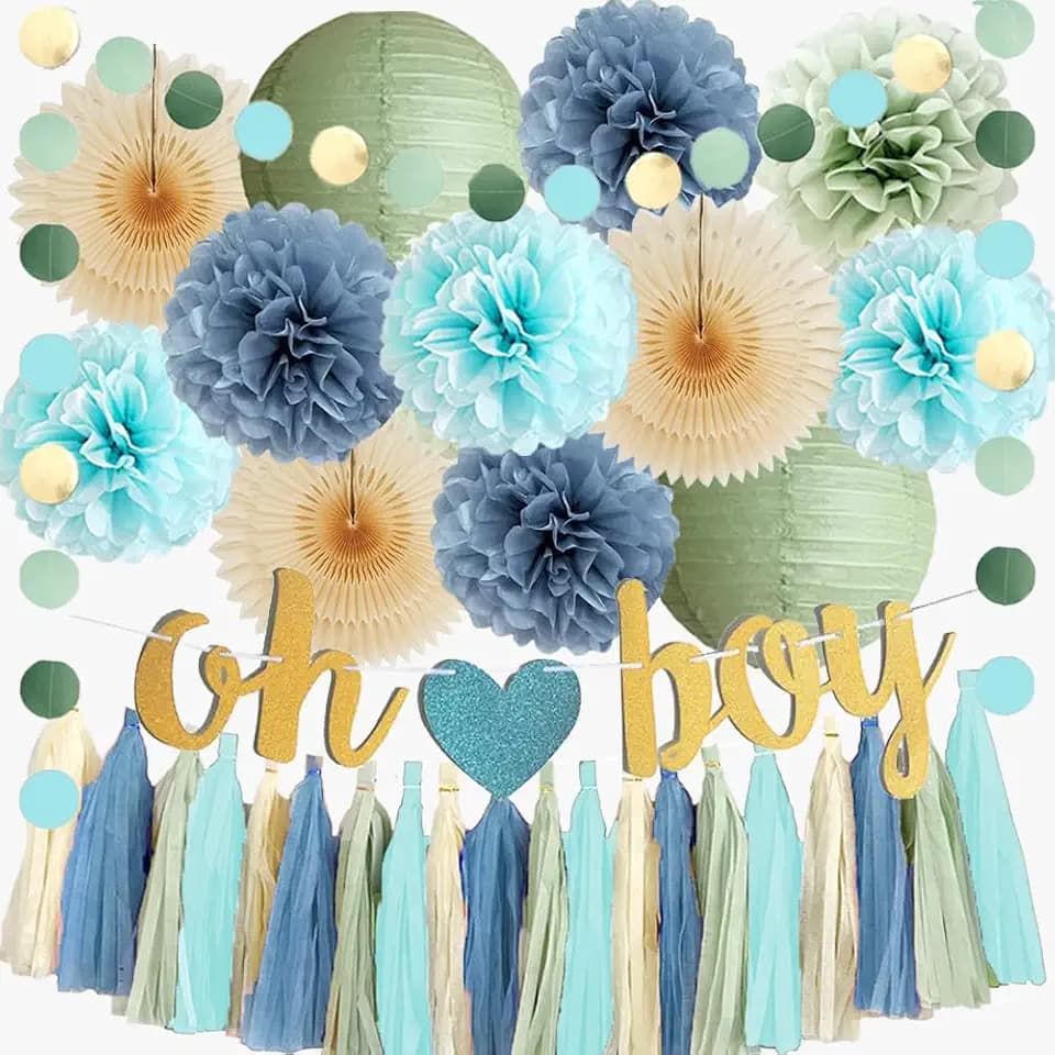 Deko Babyparty Junge Blau Grün Oh Boy Babyparty Deko Junge Grün Blau Babyshowerparty Salbeigrün Baby Shower Boy Hellblau Salbeigrün Pompons mit Guaste Salbei Beige für Jungen