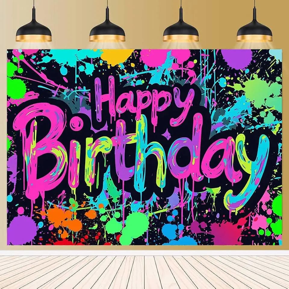 Neon Happy Birthday Backdrop, Colorful Graffiti Splash Paint, Retro, Vibrant, Polyester Material, 7x5ft