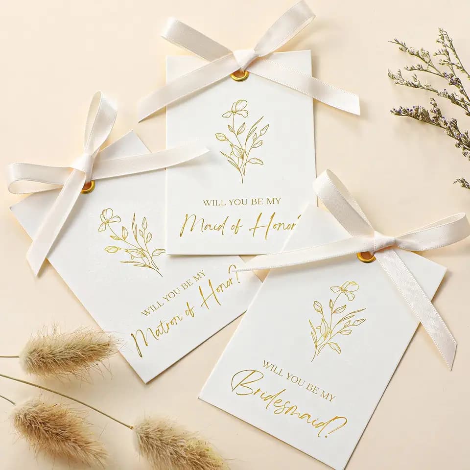 Brautjungfern-Antragskarte mit Schleife, Blumenmuster, metallisches Brautgeschenk, 8 Will You Be My Bridesmaid 2 Maid of Honor 1 Matron of Honor Einladung für Brautparty, Weiß, Beige, 11 Stück
