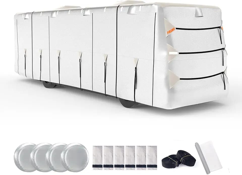 FRUNO Oxford Fabric Class A RV Cover Fits 30'-33' Waterproof Rip-Resistant Anti-UV Motorhome Camper Cover for Winter Snow with 4 Tire Covers and Gutter Covers