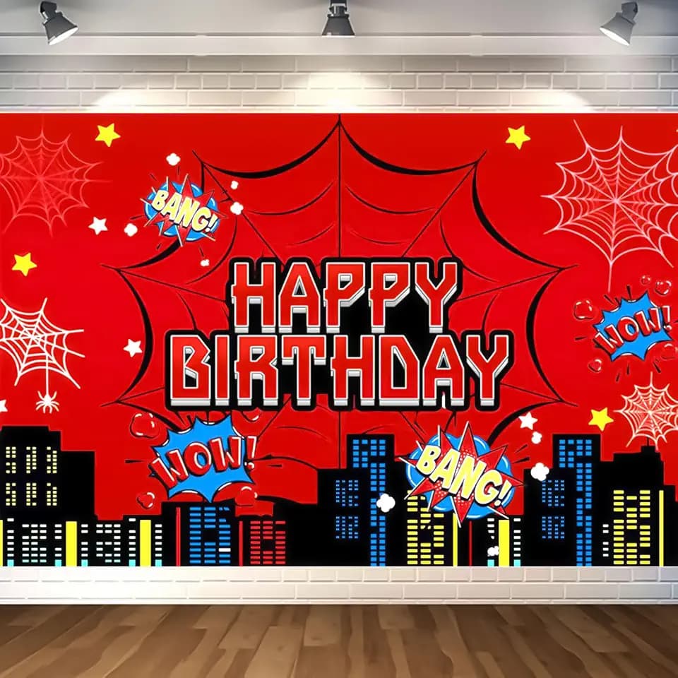 Red Spider Web Backdrop for Birthday Party Decoration, 5 x 3ft Photo Background Banner Red and Blue Cartoon Theme Party Supplies for Boys Baby Shower Wall Decor Photo Booth Props (5 x 3ft)