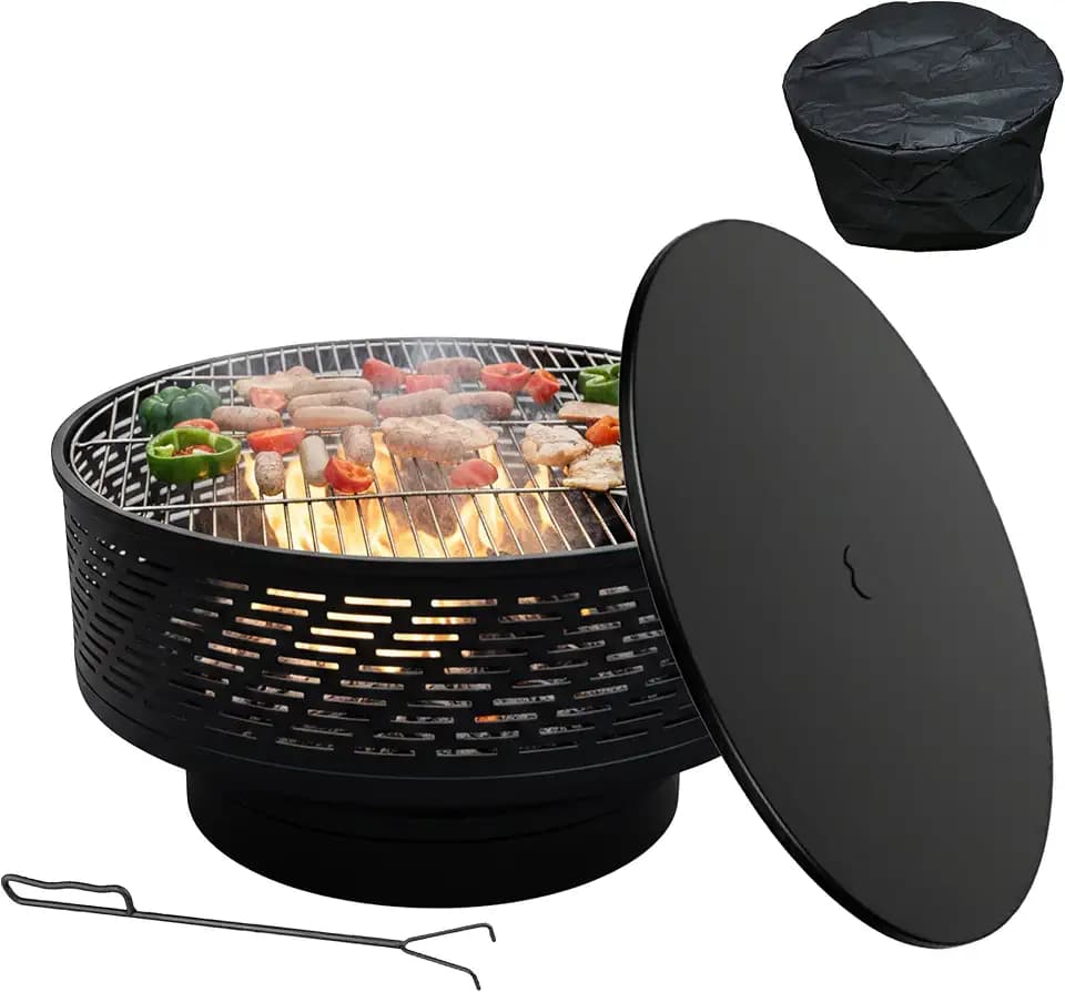 Relaxdays Feuerschale, Ø 66 cm, mit Grillrost, Deckel, Schürhaken & wasserdichter Abdeckung, Feuerstelle Garten, schwarz