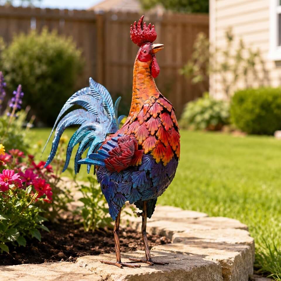 Rooster Garden Statue - Metal Outdoor Farm Garden Decor