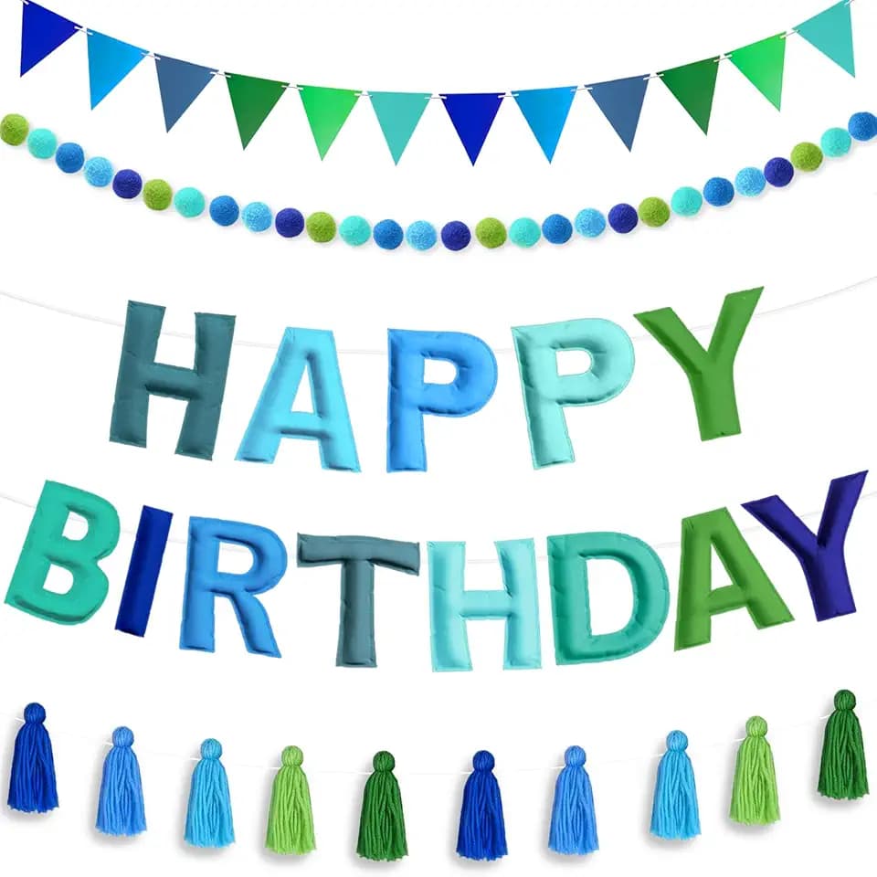 4PCS Pre-Strung Happy Birthday Banner - Felt Happy Birthday Garland, Ball Garland, Felt Pennant Flag, Blue Thread Tassel Reuasble Party Decorations for Boys Men Kids