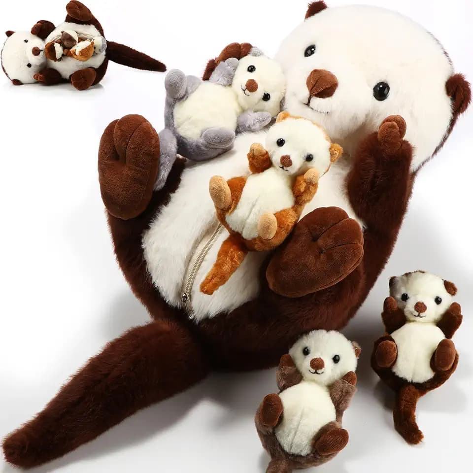 Shappy 5 Pcs Sea Otter Stuffed Animals Large Mommy 4 Baby Plush,Brown