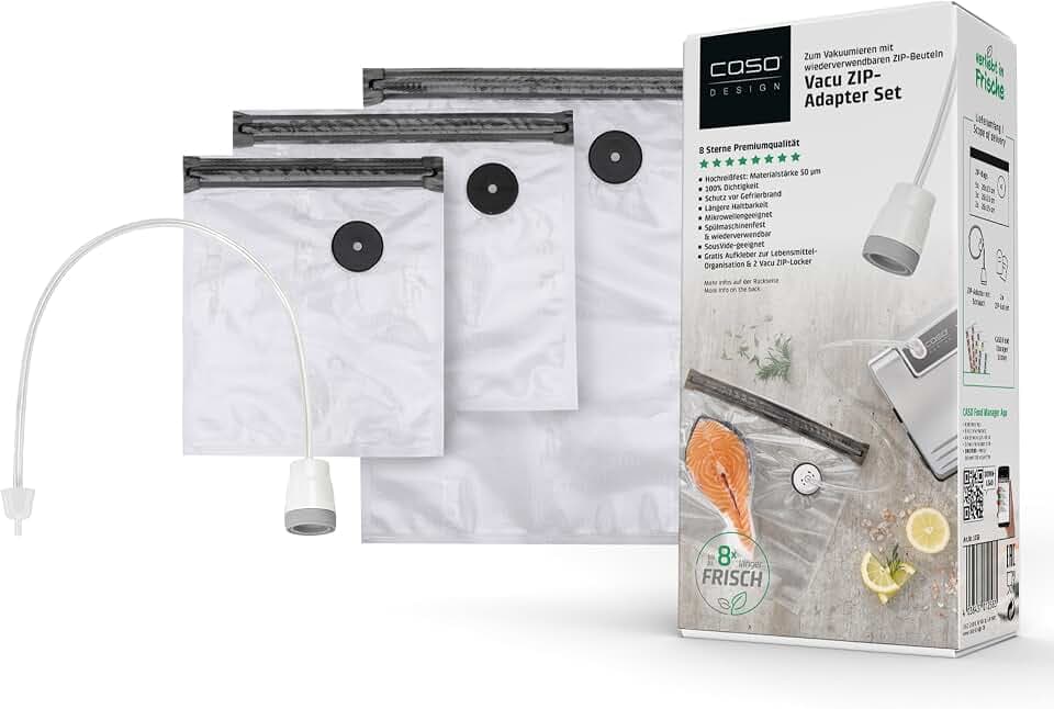 CASO ZIP-Bags & Vacu ZIP-Adapter Set – Wiederverwendbare Vakuumbeutel 150 µm – reißfest, mikrowellen- & spülmaschinengeeignet – Sous Vide geeignet bis 100 °C – bis zu 8x länger frisch