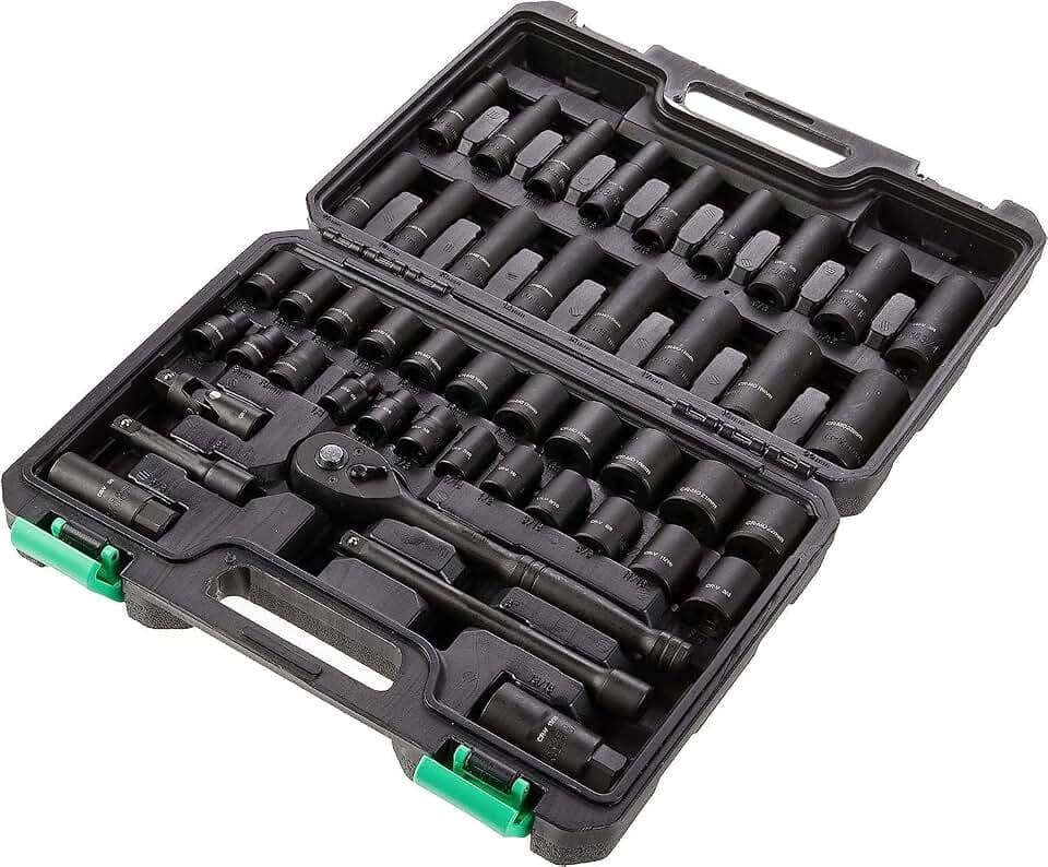 Amazon Basics Antriebssatz 3/8 zoll mit 6 flachen und tiefen Steckschlüsseln und einer 72-Zahn-Umschaltratsche, SAE/metrisch, 46 Teile mit Transportkoffer, 13.1 x 9.7 x 3 zoll