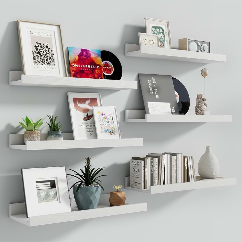 Fun Memories Picture Ledge Shelf, 16 Inch Long Floating Shelves Set of 6, Picture Shelf for Wall with Lip, Large Nursery Book Shelves for Storage, Wall Shelves for Living Room Bedroom Kitchen, White