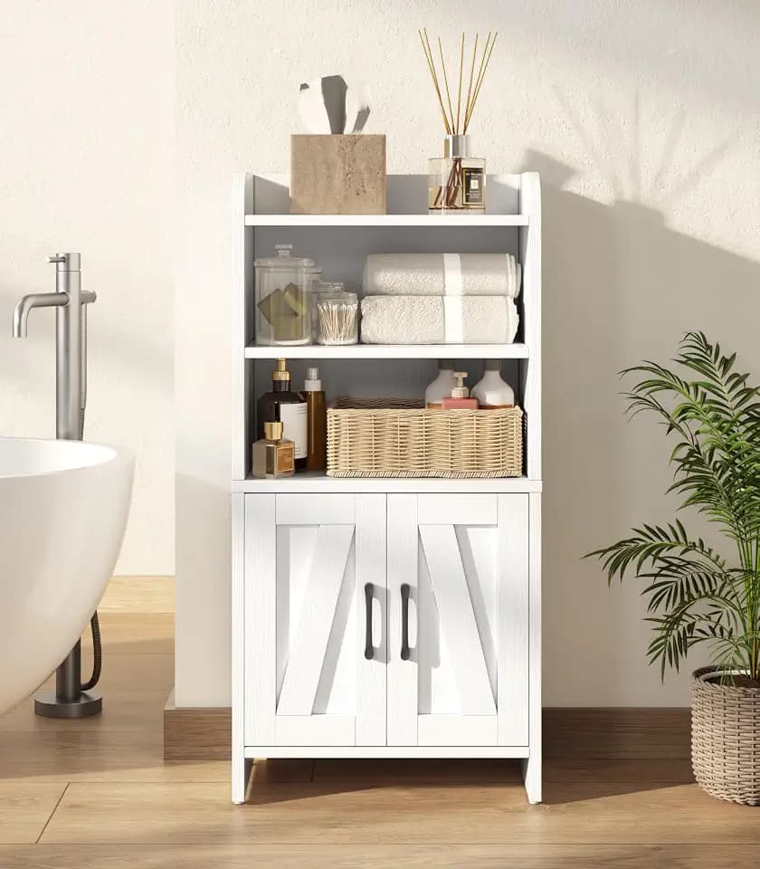 Small Bathroom Storage Cabinet, Farmhouse Freestanding Toilet Paper Storage with 2 Doors and Shelves, Slim Bathroom Storage Cabinet for Small Spaces, White, 7.9" D x 14.2" W x 29.5" H