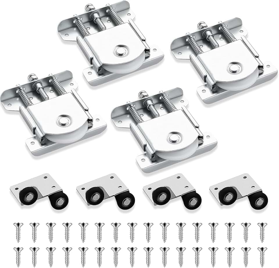4 Schiebetürrollen-Sets, Laufrollen für Möbel Doppelfeder, 32 Schrauben, Doppelfeder-Schiebetürrollen, verzinkte, leiser Nylon-Lauf für 18–23 mm Türen, Belastbarkeit bis 80 kg