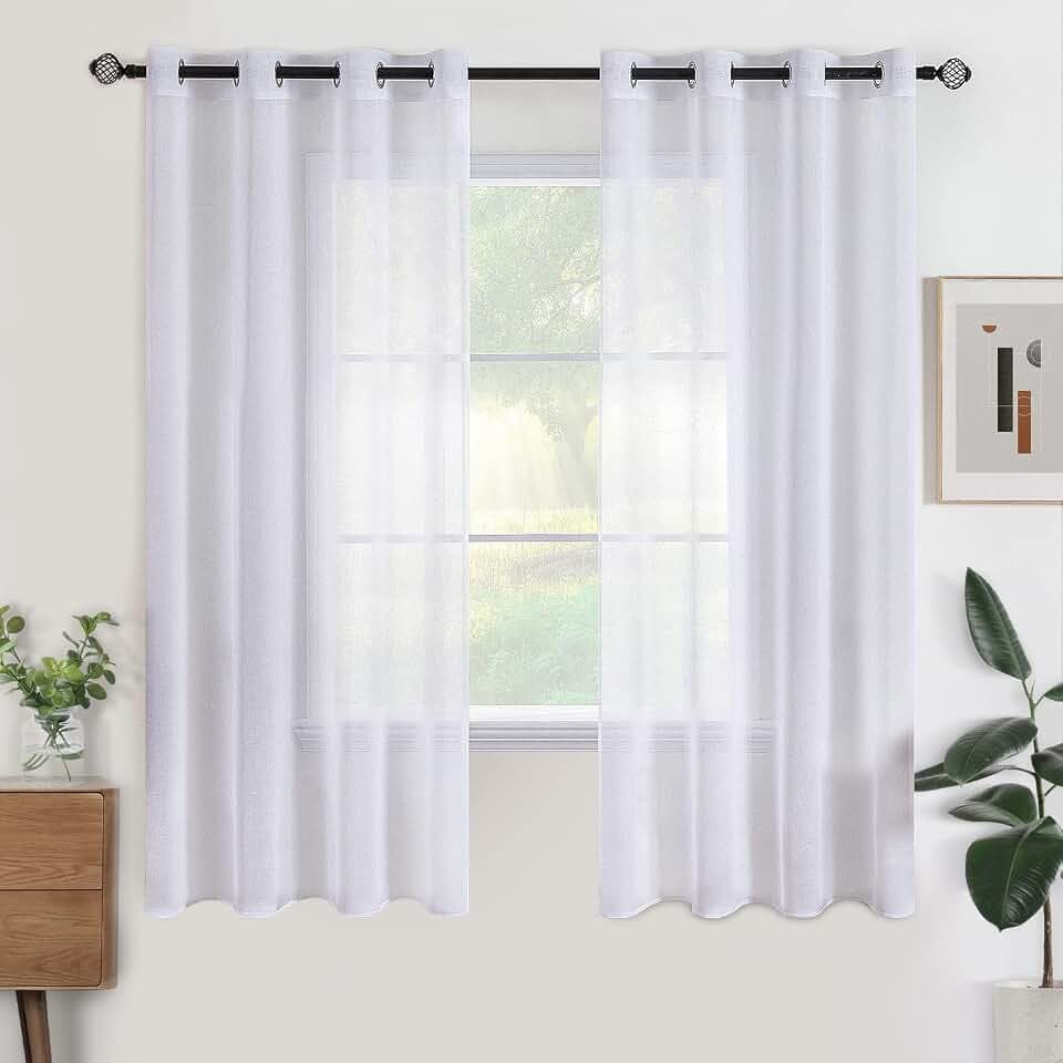 Woaboy Voile Kurz Gardinen Vorhänge Ösen 2er 140x122cm Weiß
