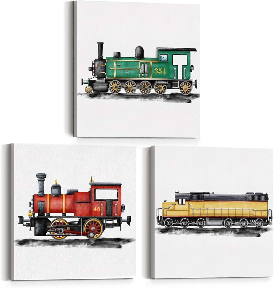 Train Decor Canvas Wall Art Set of 3 Framed Steam Locomotive Posters 12x12