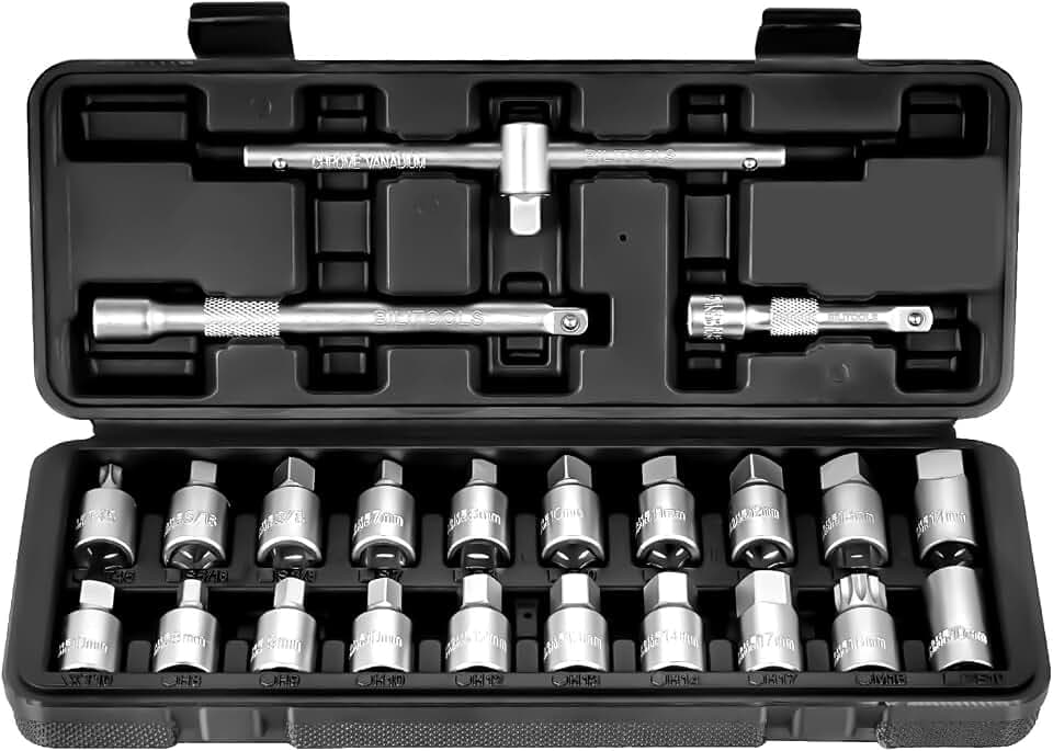BILITOOLS 23pcs Drain Plug Socket Set, 3/8" Drive for Oil Sump & Gearbox