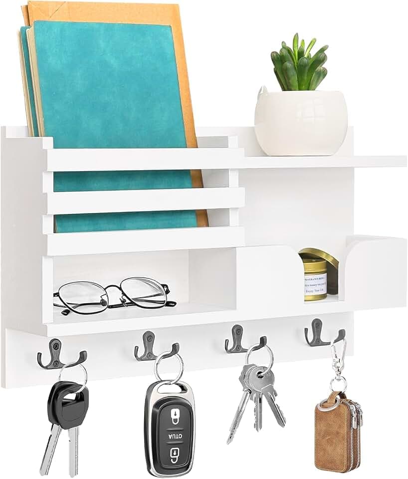 Schlüsselhaken Wand Schlüsselbrett Mit Ablage Holz Schlüsselbrett für Schlüsselaufbewahrung Wohnzimmer Küche Büro Flur Schlafzimmer Weiß Taschen Mäntel Regenschirme Paulownia Schlüsselaufhänger