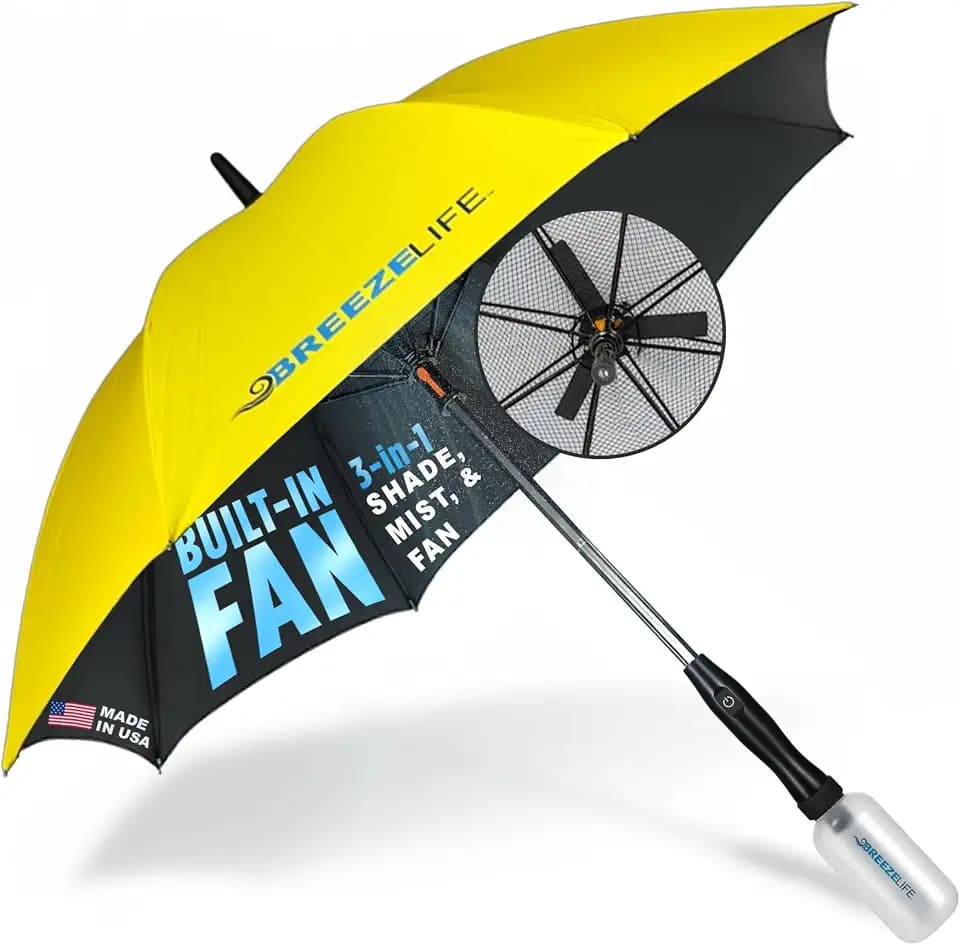 Breeze Life Sun Umbrella with Fan and Mister, Misting Umbrella with Built-in Fan, For Festivals, Beach and More, Blocks Harmful Sun Rays UPF 50+ UV Protection, Mist bottle included, 1st GEN - YELLOW