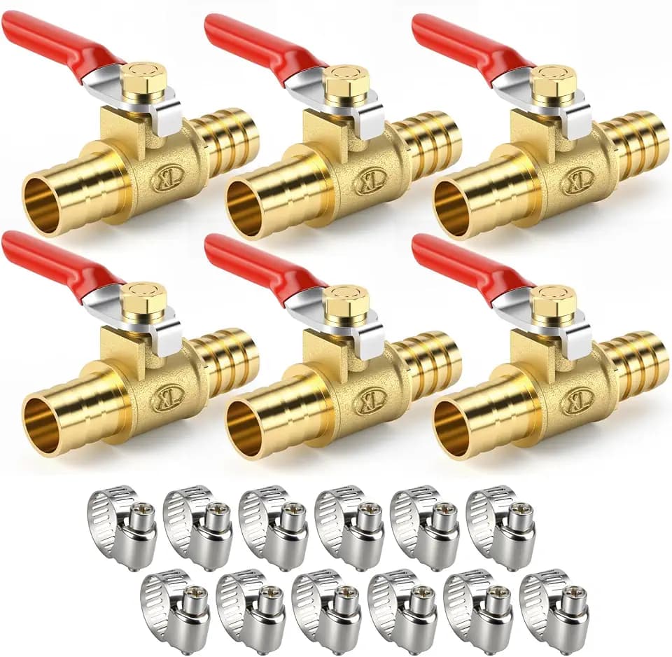 Bwintech 6 Stück 10mm Kugelventil aus Messing mit Widerhaken mit 12 Stück Klemmen, Luft Gas Kraftstoffleitung abgesperrt 180 Grad Betätigungsgriff Ventilrohrverschraubungen