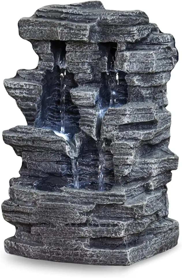 Zen'Light - Zimmerbrunnen Grand Canyon - Wasserfall in Steinoptik - Weiße LED-Beleuchtung - Moderne Zen Deko, Ideal für Meditation & Entspannung - Feng Shui - H 28cm, Grau
