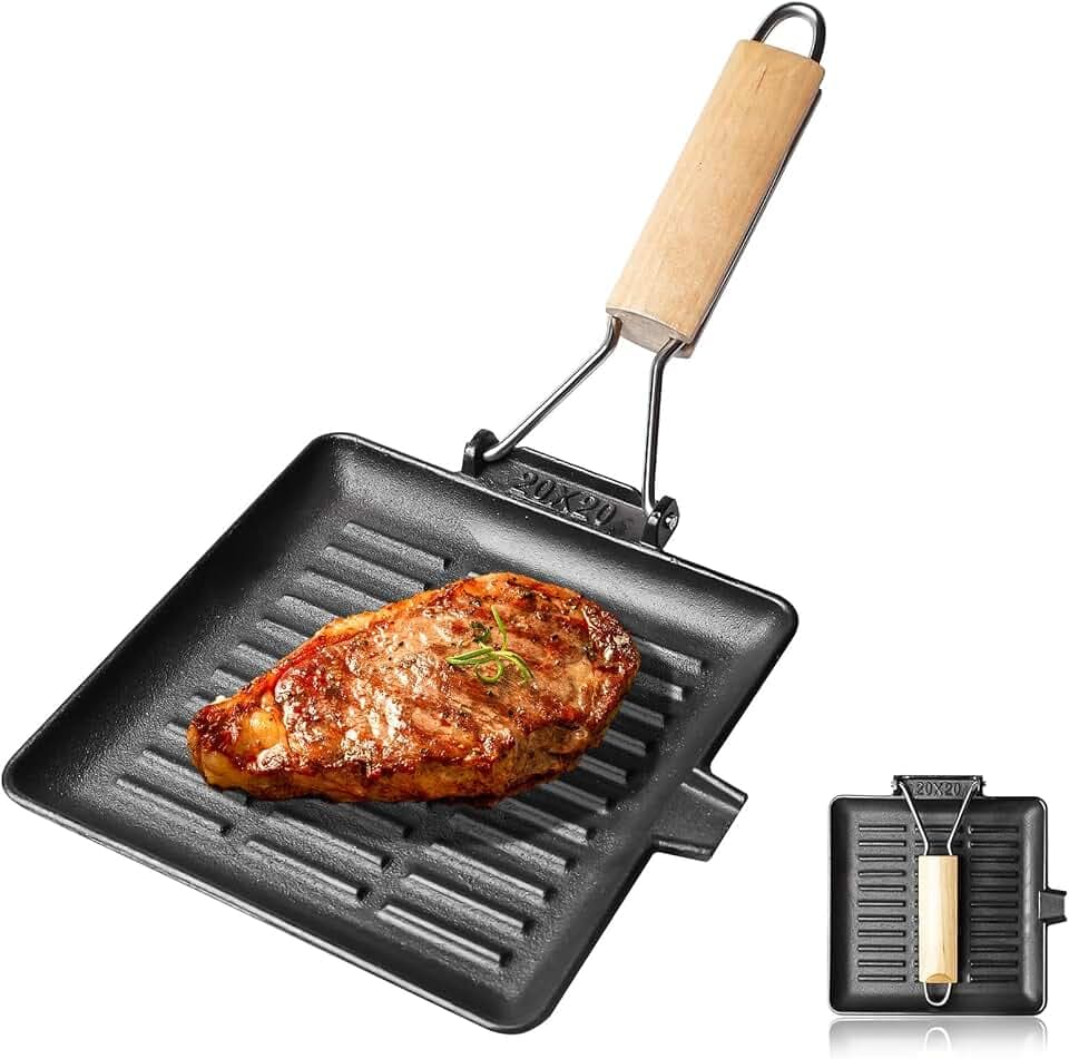 Steakpfanne Gusseisen 20x20cm, Grillpfanne Induktion mit Klappbarem Holzgriff, Viereckige Grillplatte für Alle Herdarten, Robuste Grillpfanne für Steak, Gemüse & Fisch, Leicht zu Reinigen