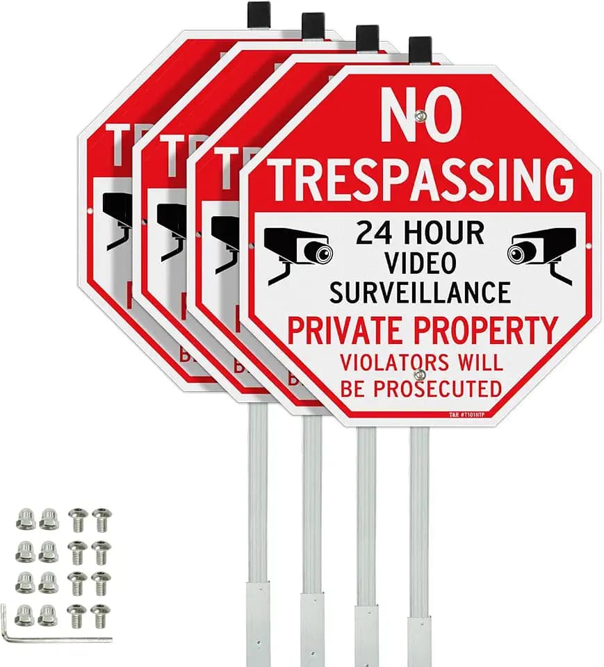 T&R Large No Trespassing Private Property Sign Video Surveillance Sign with 36" Stake for Outside - 4 Pack - 12"x12" .040 Rust Free Heavy Aluminum, Reflective, Waterproof, Weatherproof, 4 pre-drilled holes,Includes Matching Screws & Wrench, Easy to Mount