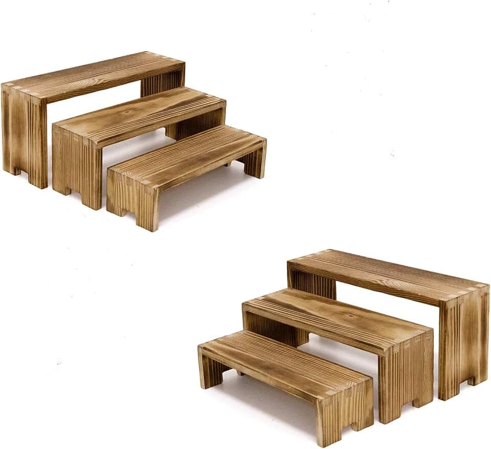 Yikaroeli 2 Set Small Display Riser Wood Risers Wooden Cupcake Display Stand,9.4"-7.8" Graduated Sizes,3Tiered 6Pcs Display Racks Dessert Food Stands