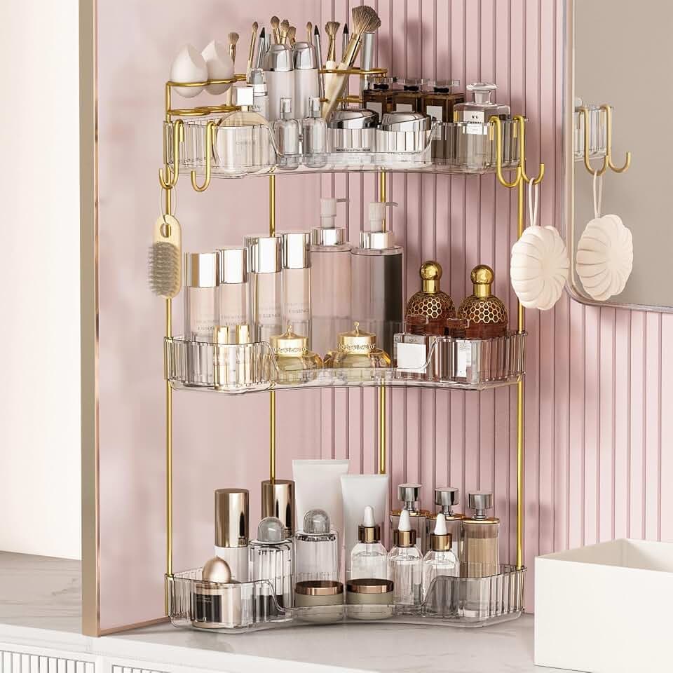 3-Tier Corner Bathroom Counter Organizer，Makeup & Skincare Shelf with Built-in Brush Holder，Space-Saving Bathroom Countertop Organizer for Skincare, Perfume, Cosmetics(Clear)