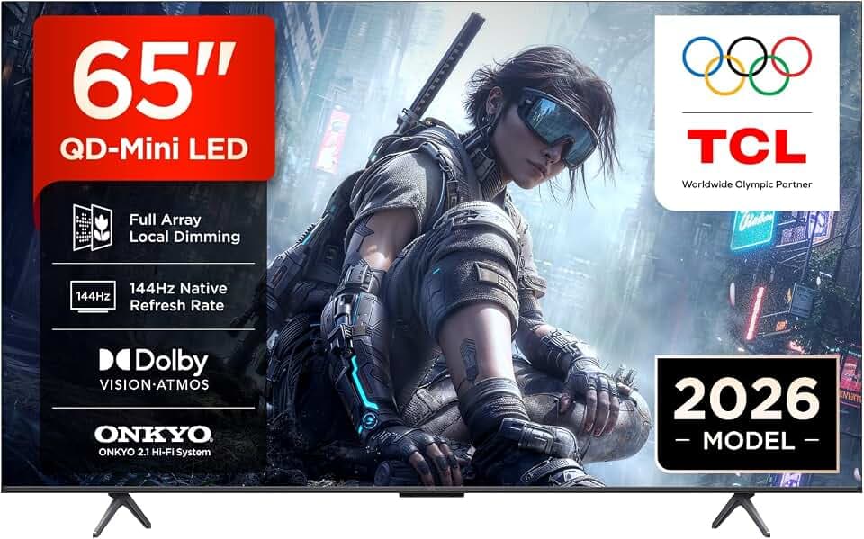 TCL 65T8D QD-Mini LED 65 Zoll Fernseher, 4K Smart TV, Google TV, 144 Hz | FreeSync Premium, Game Master, Dolby Vision, HDR10+, Dolby Atmos, 2.1 Onkyo Sound, Apple AirPlay 2, Google Cast
