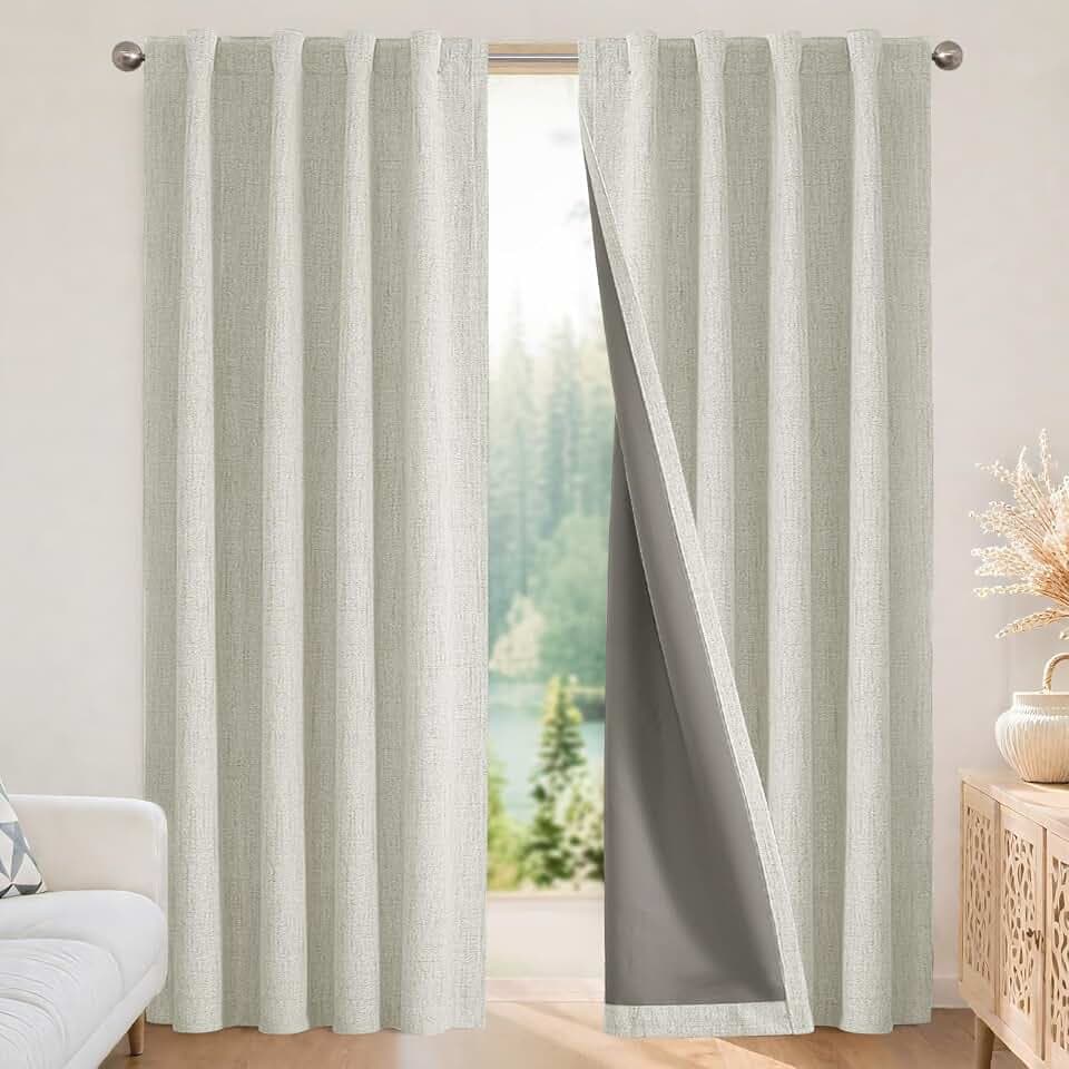 Joydeco Blackout Curtains for Bedroom - 100% Light Blocking 2 Panels Light Beige Drapes 37"W x 84"L, Thermal Insulated Room Darkening Curtains, Linen Textured for Living Room, Rod Pocket & Back Tabs