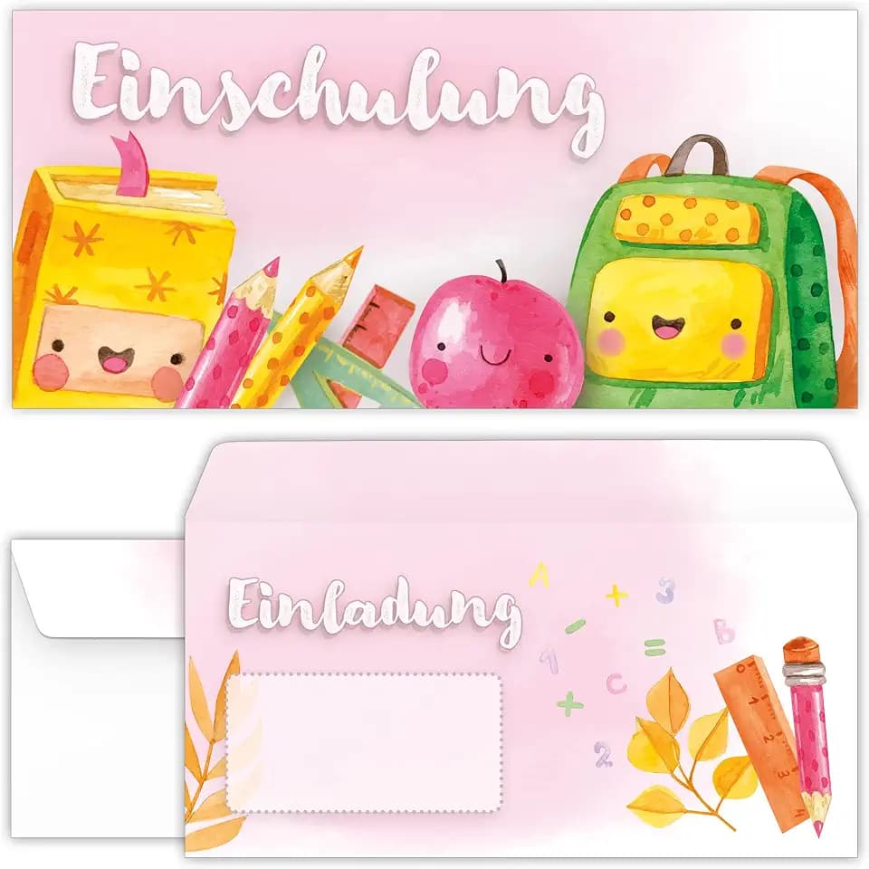 beriluDesign Einschulung Einladungskarten mit Umschlägen (12er Set) zum Schulanfang | Einladungen für Kinder zum Schulbeginn