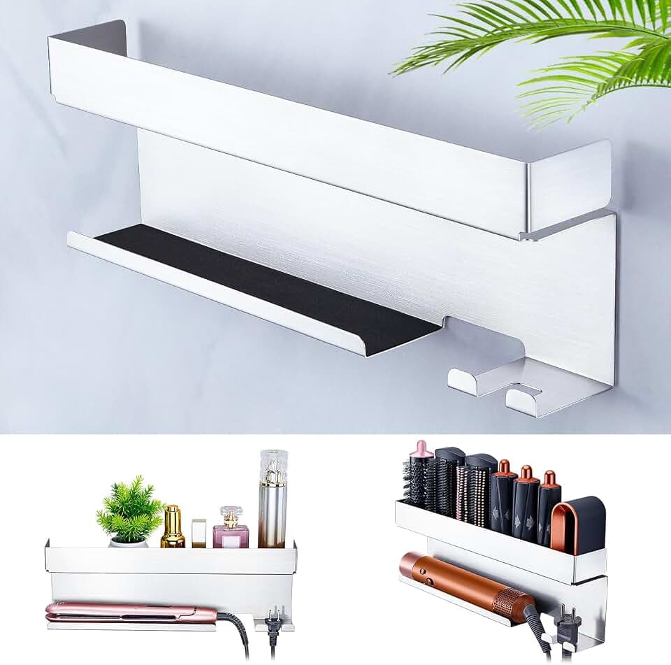 Blow Dryer Holder Wall Mounted Hair Straightener Holder, Blow Dryer and Curling Iron Holder for 7 in 1 Styler Attachments, Hair Dryer Holder, Bathroom Hair Tools Organizer (Silver)
