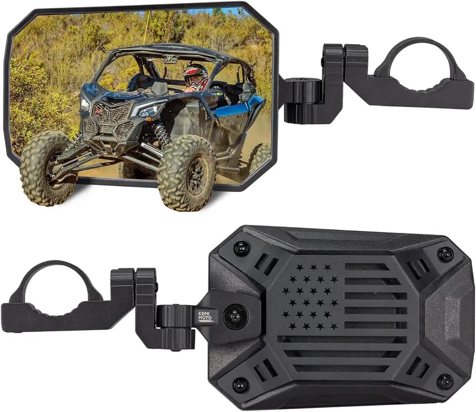 KEMIMOTO UTV Side Mirrors, 2026 New Pattern Aluminum 8" x 5.3" Wide View for 1.65-2 inch Roll bar Compatible with Polaris RZR/Can Am X3/Pioneer/Talon/Teryx/CFMOTO Fit Big UTV,No Vibrate & Wobble