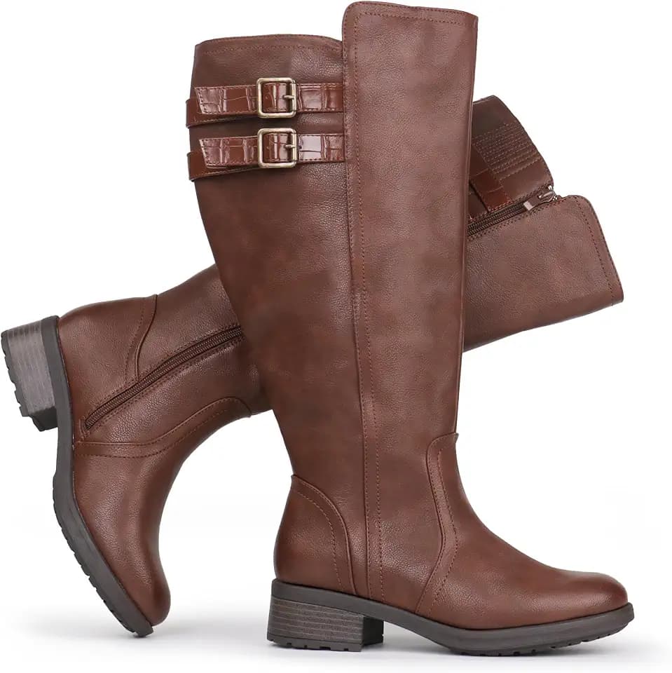 Damen-Stiefel mit extrabreitem Wadenabschnitt, Blockabsatz, gestapelter Schnalle, verstecktem Stretch, kniehoch