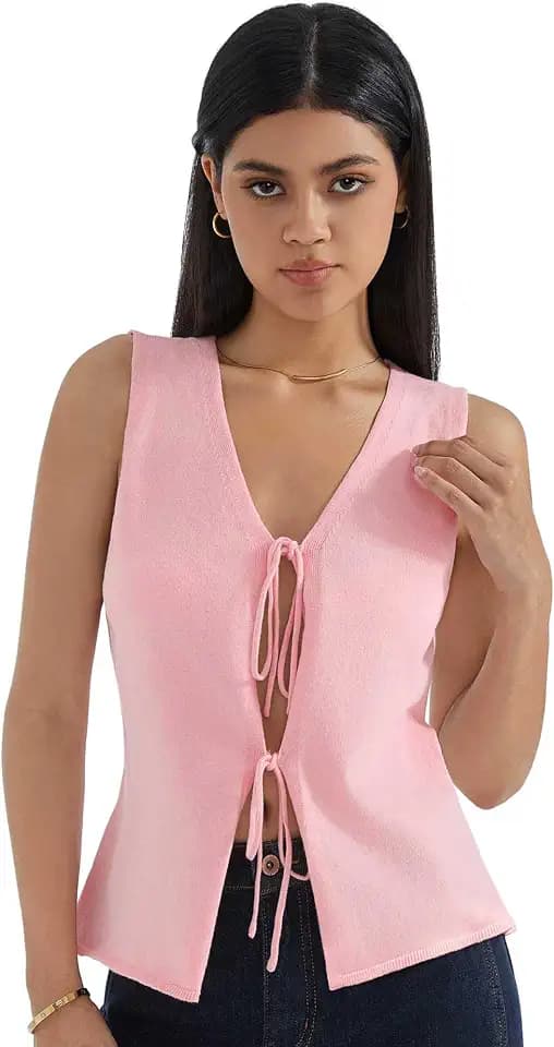 SUUKSESS Women Tie Front Top Sweater Vest Summer Vacation Outfits Trendy Tops Vest Y2K Tank Tops