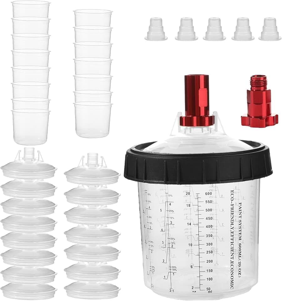20oz (600ml) Disposable Paint Spray Gun Liners and Lids, 15 Liners, 15 Lids, 5 Plugs, 2 Adapter, 1 Hard Cup & Retainer Ring, Disposable Paint Spray Gun Cup System for LVLP HVLP Spray Gun (600ml)