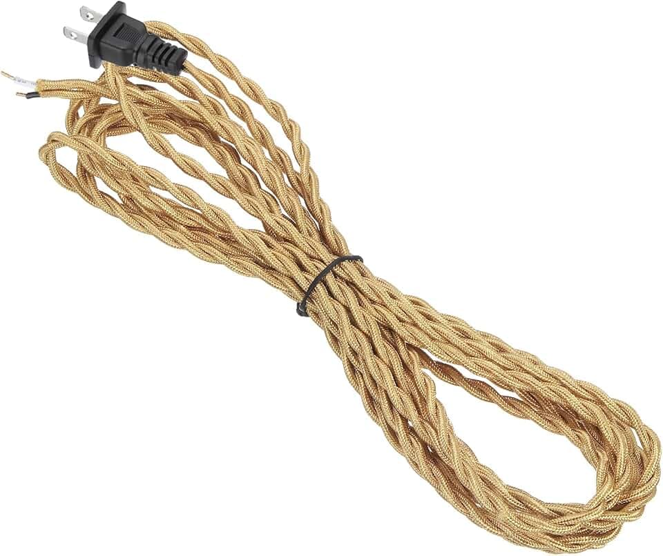 uxcell 15Ft 18/2 Twisted Cloth Covered Lamp Cord, Vintage Fabric Electrical Wire with Plug Stripped Ends Ready for Extension Wiring DIY Repairing, Light Golden