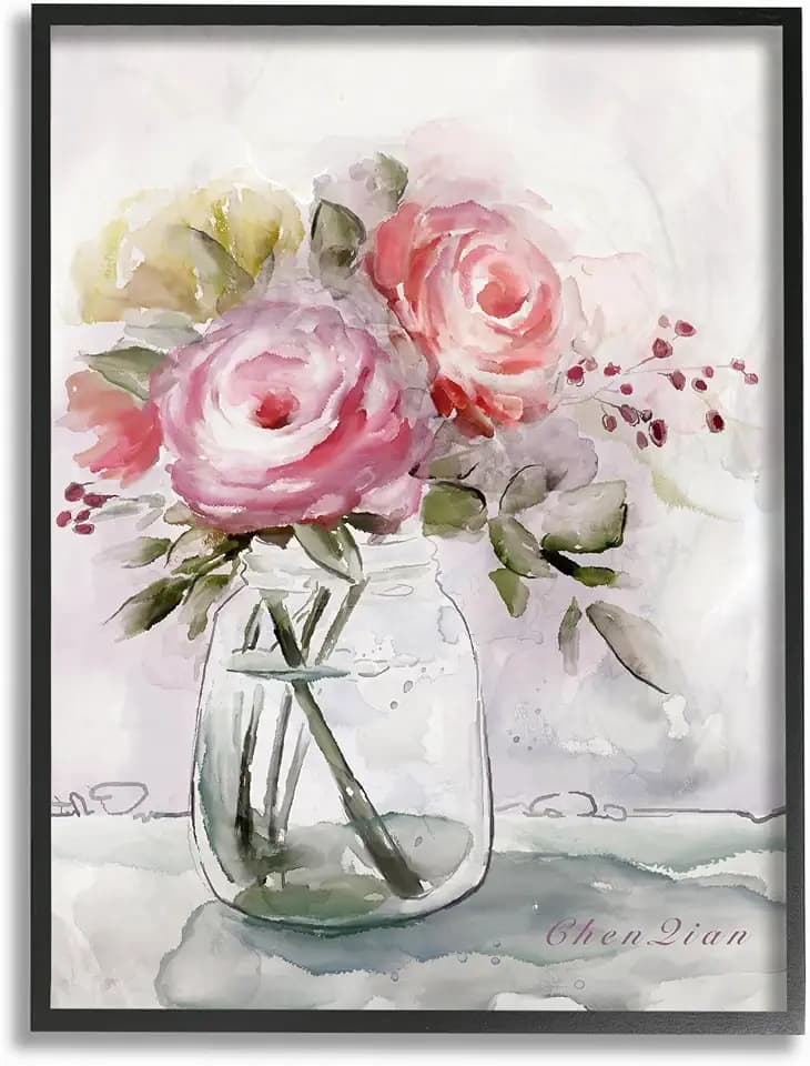 'Flower Jar Pink Green Watercolor Painting'| Framed Giclee Art