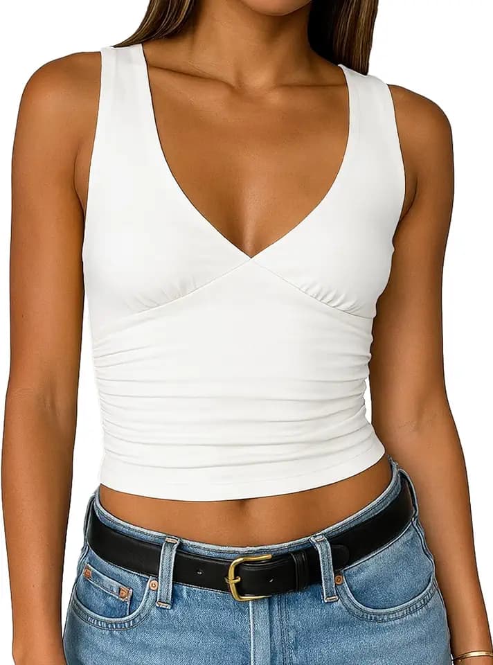 ForeFair Womens Deep V Neck Crop Tank Tops Going Out Double Lined Sexy Crop Top Sleeveless Slim Fit Y2k Summer Tops