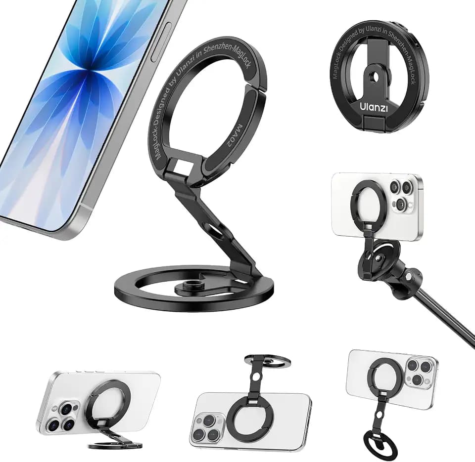 ULANZI MA02 Doppelseitiger magnetischer Ringhalter, Karabiner Förmige Maglock mit 1/4" Schraubenloch, Aluminium Adapter Stativ Faltbarer, Zubehör für Tripod kompatibel mit Magsafe iPhone 18-12