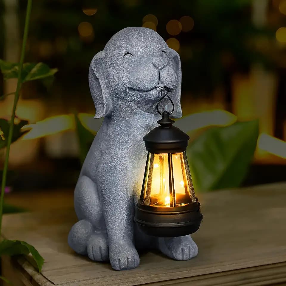 Solar Dog Garden Statue with Lantern, Outdoor Garden Decor
