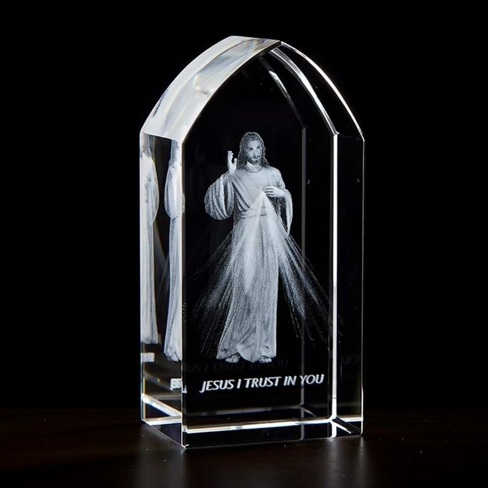 Christian Brands Home Décor - Cathedral Window-Shaped Laser Etched Glass Block by Jeweled Cross, 1.5" W x 3.25" H, Divine Mercy