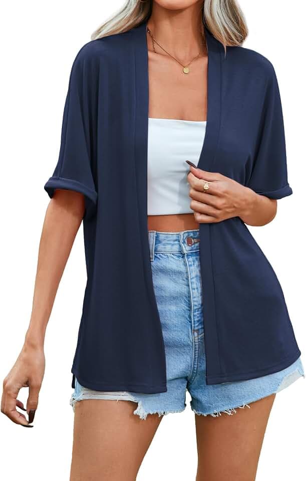 Famulily Damen-Strickjacke, gerollt, kurzärmelig, leicht, Sommer, seitlich geteilt, vorne offen, Strandvertuschung
