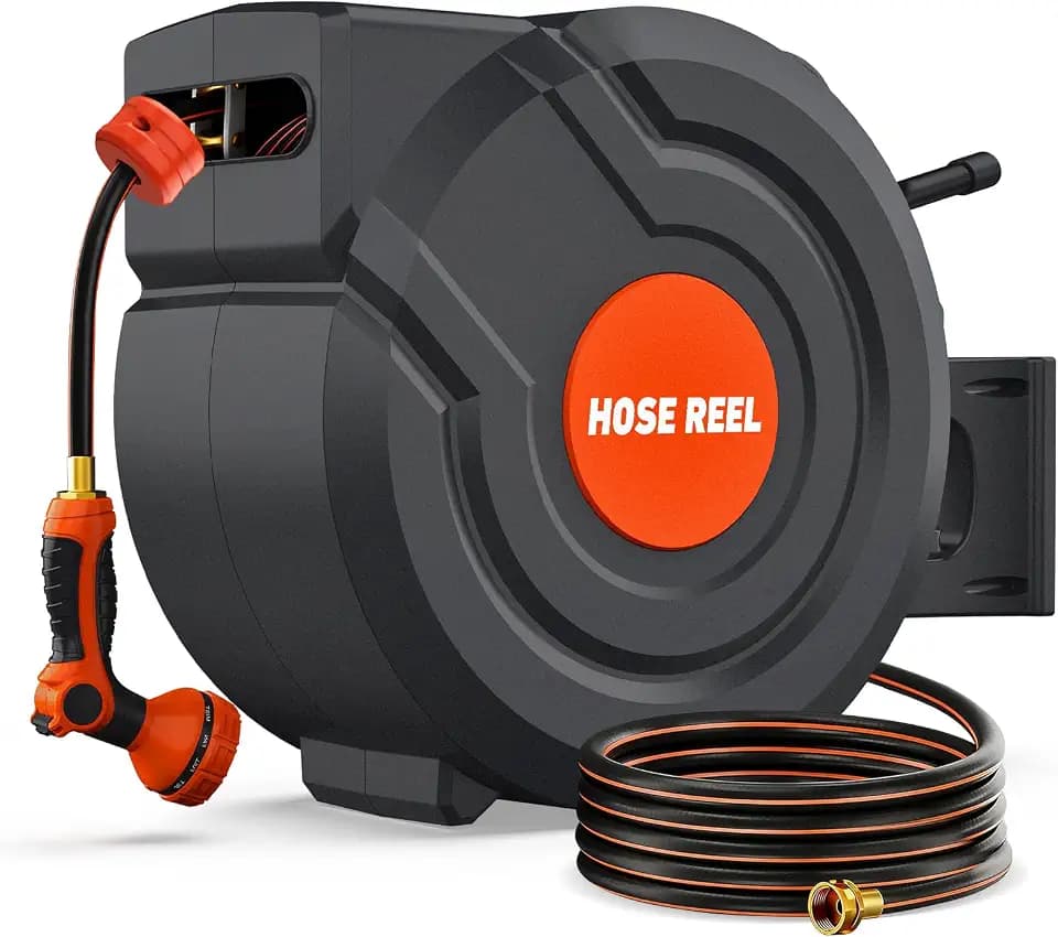 115FT Retractable Garden Hose Reel 5/8 Inch - Heavy Duty Wall Mounted Retractable Hose Reel with 9-Pattern Nozzle, 180° Swivel Auto Rewind, Any Length Lock Water Hose Reel for Yard Garden Car Washing