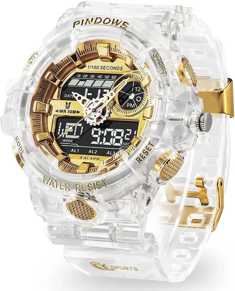 PINIDOUS Mens Watch for Men Digital Sport Watch Transparent Gold Watches Waterproof Watches with 3 Alarms/Countdown/Stopwatch/Digital-Analog/Dual Time/Light/Military Multifunctional Wrist Watch