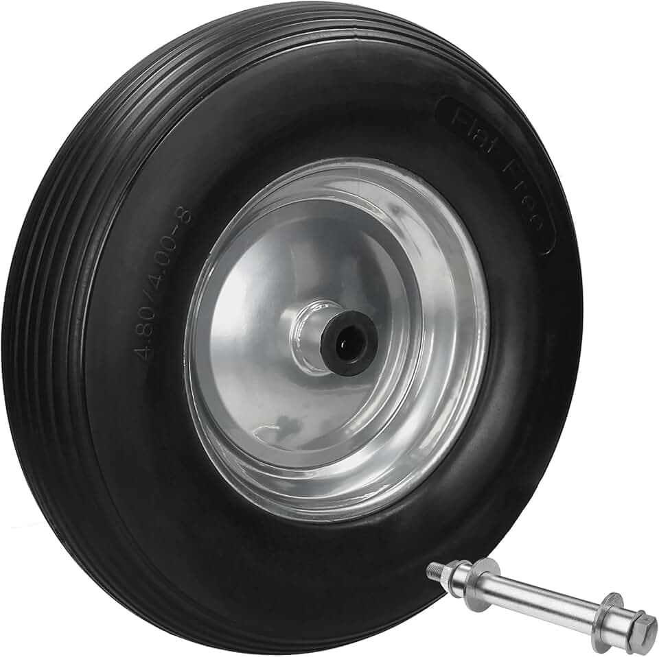 ECD Germany Schubkarrenrad aus pannensicherem PU Vollgummi, Ersatzrad Gummirad mit Achse, 4.80/4.00-8, Durchmesser 390 mm, Schwarz, 200kg, Reifen mit Stahlfelge, Rad Reifen für Schubkarre Gartenkarren
