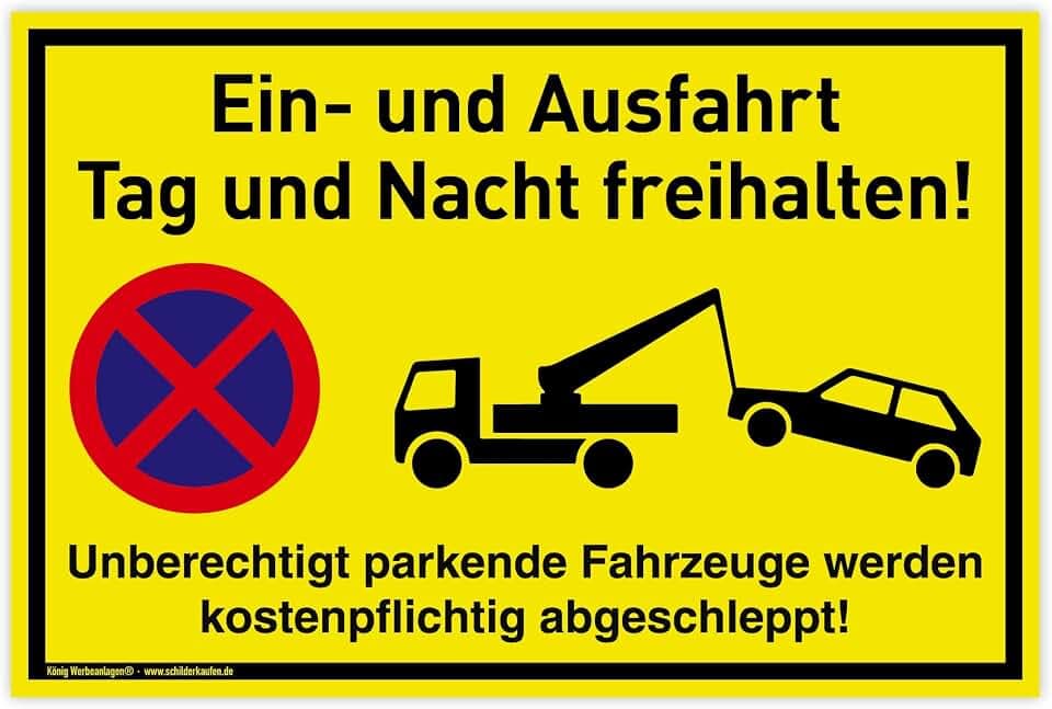 Schild Ein- und Ausfahrt | 30 x 20 cm | wetterfestes PVC-Schild mit UV-Schutz | signalgelb | Tag und Nacht freihalten Unberechtigt parkende Fahrzeuge werden kostenpflichtig abgeschleppt