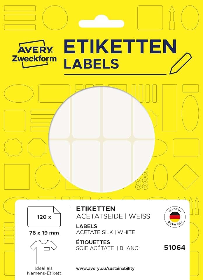 AVERY Zweckform Art. 51064 Namensetiketten für Kleidung (120 Namensaufkleber, 76x19mm, selbstklebend, Textiletiketten aus Acetatseide, Namensschild handbeschriftbar, einfach ablösbar) 10 Blatt, weiß