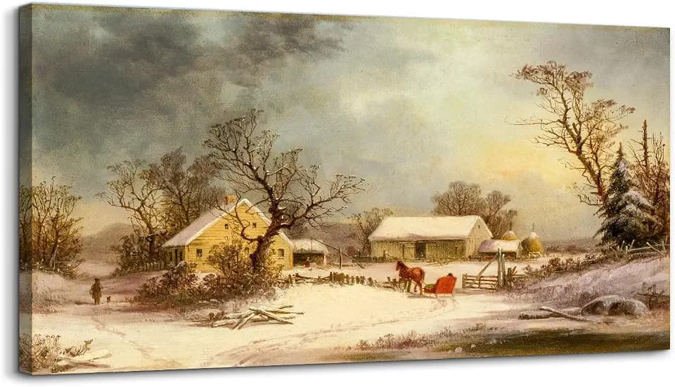 hyidecorart Vintage Leinwand Bilder, 50x100 cm Groß Wandbilder Wohnzimmer Winter auf dem Bauernhof Bild Aesthetic, Landscape Wanddeko Schlafzimmer Gemälde Badezimmer Kunst Büro Zimmer Esszimmer