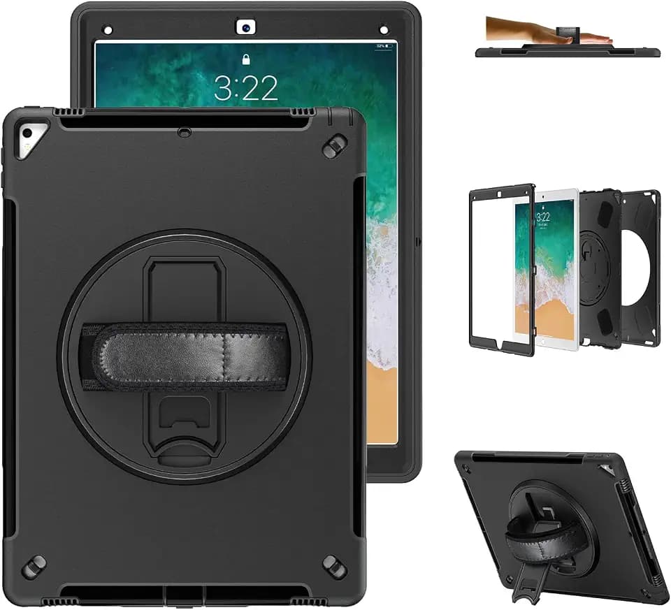 Hülle für iPad Pro 12.9 2017/2015 1/2 Generation: Heavy Duty Stoßfeste Schutzhülle mit Stifthalter - drehbarer Ständer - Handschlaufe - Schultergurt für iPad 12.9 Zoll 2017-2015 - Schwarz
