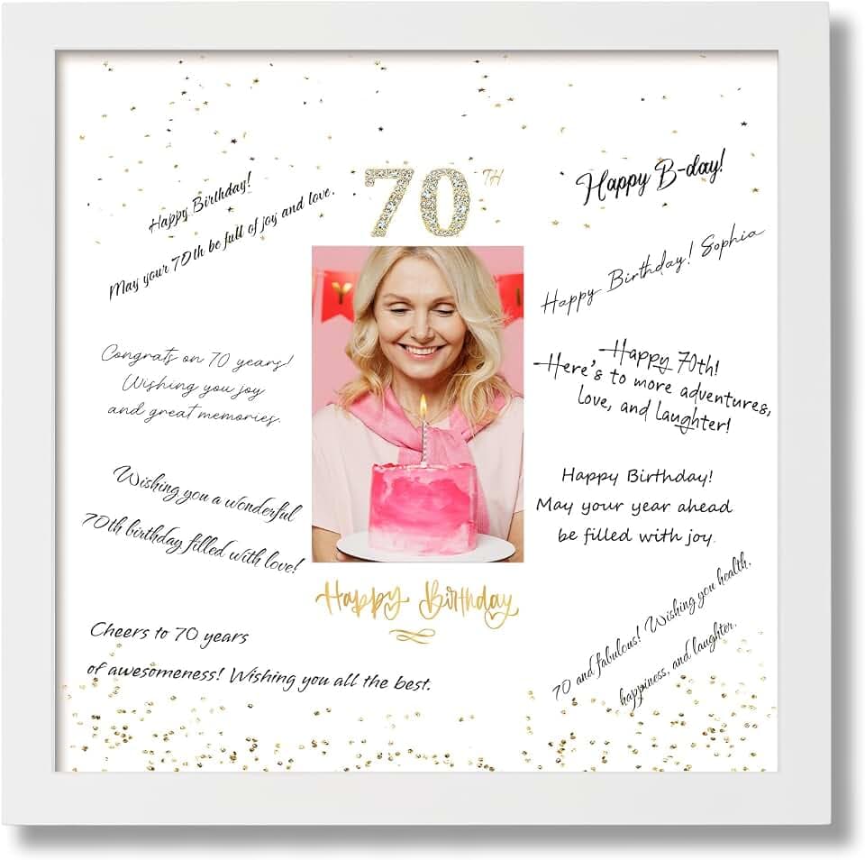13x13 Birthday Signature Frame with Plexiglass Cover - Holds 4x6 Photos, 70th Birthday Decorations, Alternative Guest Book Gifts for Men & Women, 70th Party Favors, Wall Display & Supplies, White
